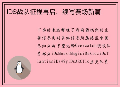IDS战队征程再启，续写赛场新篇