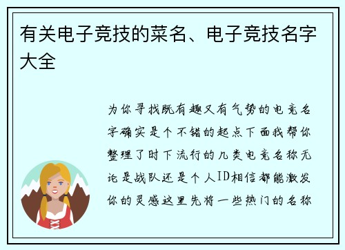 有关电子竞技的菜名、电子竞技名字大全
